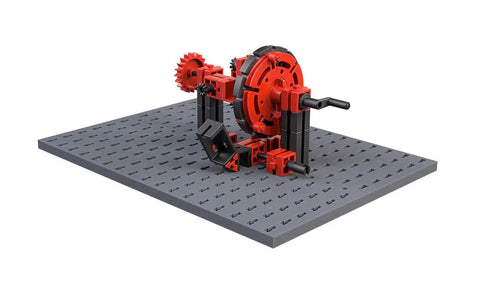 Hands On Mechanics Building Kit With 243 Components For Real World Engineering Fun Expandable With Everyday Objects Kid Friendly STEM Toy For Creative Projects And Problem Solving, red gear model on gray base