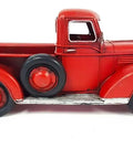 Side view of Red Metal Truck Christmas Decor For Indoor And Outdoor Holiday Cheer With Vintage Rustic Farmhouse Style Pickup Truck Ornament.