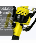 Close-up of yellow spinning fishing reel with foldable handle. 12 Ball Bearing Spinning Fishing Reel With Heavy Duty Metal Body Built For Saltwater And Freshwater Action, Smooth Cast And Retrieve, Five Point Five To One Gear Ratio, Ideal For Bass And Trout, Lightweight Build In A Handful Of Size Options.