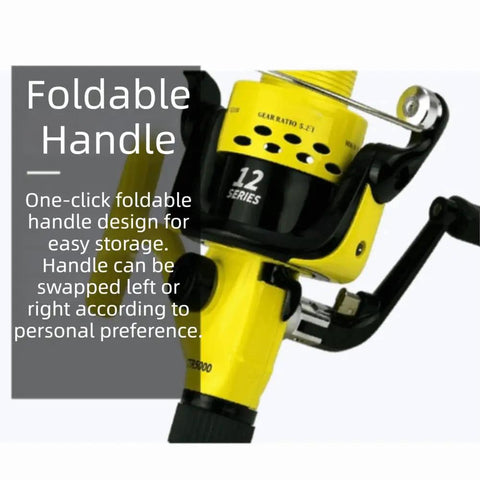Close-up of yellow spinning fishing reel with foldable handle. 12 Ball Bearing Spinning Fishing Reel With Heavy Duty Metal Body Built For Saltwater And Freshwater Action, Smooth Cast And Retrieve, Five Point Five To One Gear Ratio, Ideal For Bass And Trout, Lightweight Build In A Handful Of Size Options.
