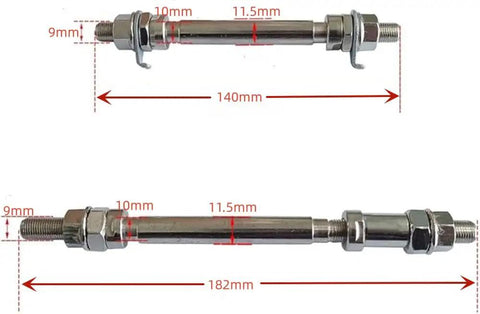 Rugged Bicycle Axles With Bearings 140mm And 182mm Front And Rear Hub Kit Two Pack image showing measurements and construction.