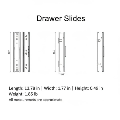 Technical drawing of Soft Close Drawer Slides With Buffer Mechanism, Pro Grade Cold Rolled Steel Ball Bearing Glides For Kitchen Cabinets