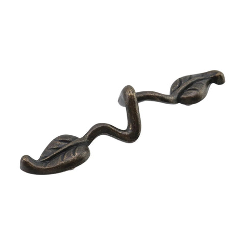 Bronze leaf shape drawer pull handle, 3-inch hole to hole, twig branch design in zinc alloy, part of set for cabinets and dressers.