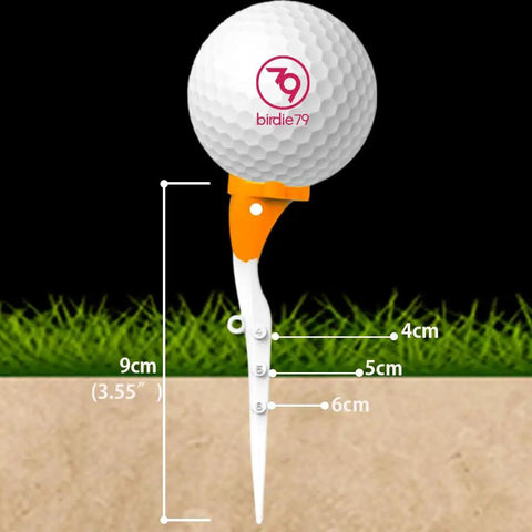 Premium Adjustable Golf Tee Set for Long Drives with 5 Degree Launch Angle High Visibility Stable 20mm Head Reduces Hooks and Slices 9 Piece Tees for Practice and Play displaying 9cm height and adjustable features.