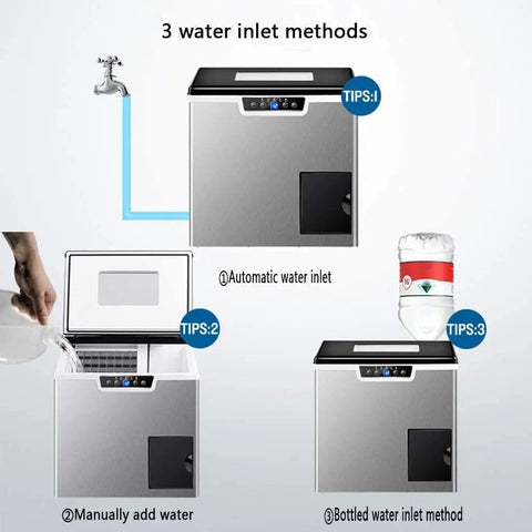 Portable Countertop Ice Maker Machine With Dual Crush And Cube Functions Featuring A Clean Lcd Control Panel showing 3 water inlet methods.
