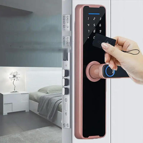 Smart Electronic Fingerprint Door Lock Sporting A Heavy Duty Stainless Steel Latch And App Driven Keyless Entry For Wooden Gates with keypad and access card.