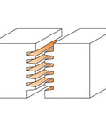 Illustration showing a finger joint created by Beefed-Up Pro Grade Finger Joint Router Bit 1/2 Inch Shank 1-7/8 Inch Diameter Carbide Tipped Anti Kickback Design With Non-Stick Orange Shield Coating 7/32 Inch Cutting Depth For Plywood And Hardwood On Router Tables