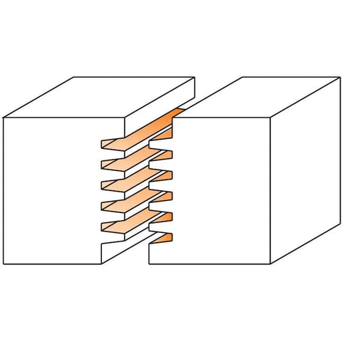 Illustration showing a finger joint created by Beefed-Up Pro Grade Finger Joint Router Bit 1/2 Inch Shank 1-7/8 Inch Diameter Carbide Tipped Anti Kickback Design With Non-Stick Orange Shield Coating 7/32 Inch Cutting Depth For Plywood And Hardwood On Router Tables