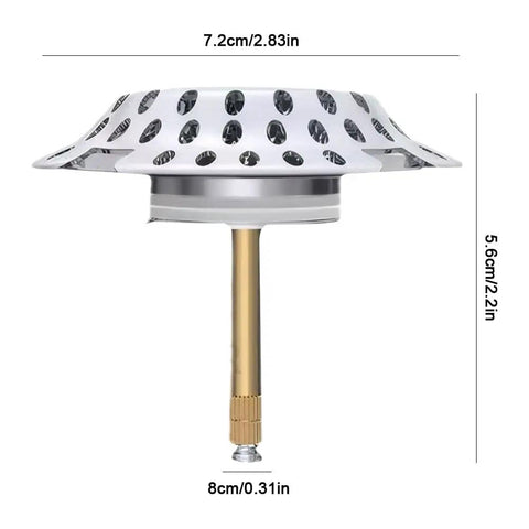 Hair Stopper Catcher Anti-Clogging Bathtub Drain Stopper with Strainer, measuring 7.2cm diameter, 5.6cm height.