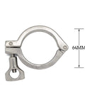 Front view of 2-inch stainless steel sanitary clamp with single pin and silicone gasket