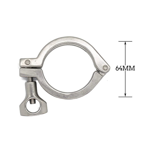 Front view of 2-inch stainless steel sanitary clamp with single pin and silicone gasket