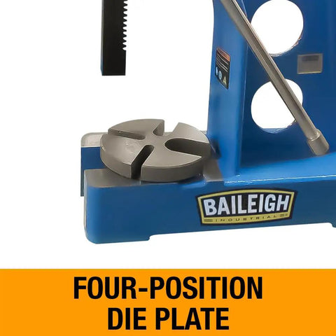 Four-position die plate on Heavy Duty Five Ton Arbor Press With Eight Point Five Inch Throat Opening And Rock Solid Two Inch Square Ram.