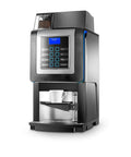 Heavy Hitter Super Automatic Espresso Machine With Two Point One Pound Bean Hopper And Dual Soluble Compartments In Matte Black, side view with cup.