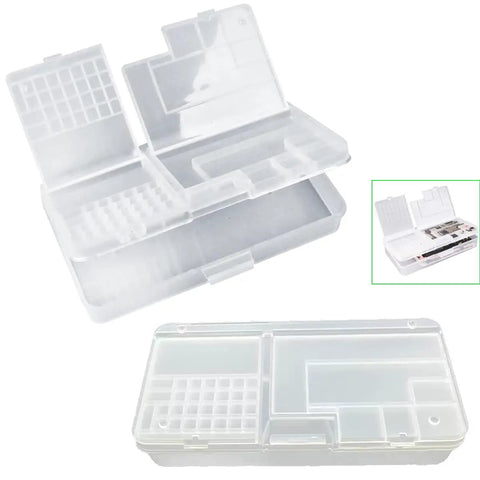 Top Tier Double Pack Phone Repair Module Organizer With Multi Size Compartment Storage Case For iPhone, transparent dual tray open.
