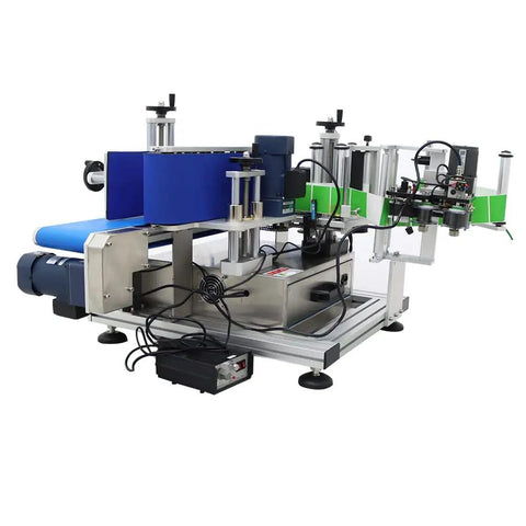 No Sweat High Speed Automatic Round Bottle Labeling Machine Desktop Conveyor Label Applicator For Glass And Plastic Bottles side view showing components.