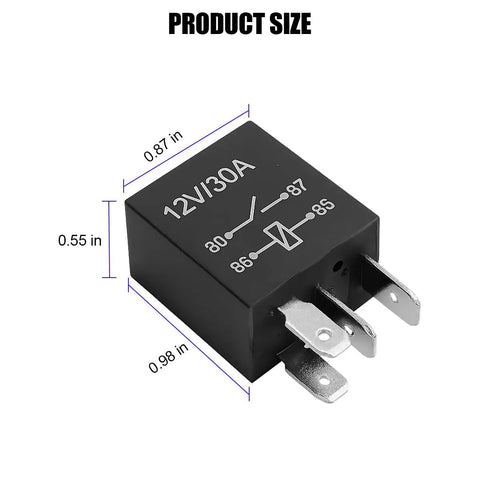 Heavy Duty 4 Pin 12V 30A Automotive Starter Relay showing dimensions for precise under hood upgrades.