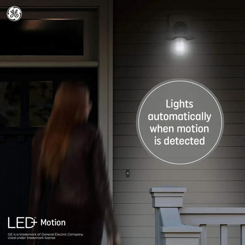 Motion Activated LED Flood Lights PAR38 Linkable Outdoor Security Light Bulbs illuminating entrance at night with motion detection