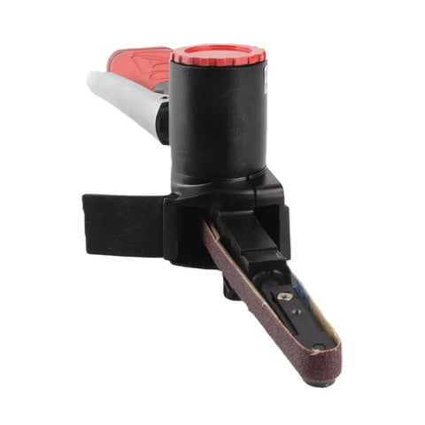 Jauarta 1/4 Inch Pneumatic Air Belt Sander High Speed 20K RPM Handheld Grinding Machine close-up view with sanding belt.