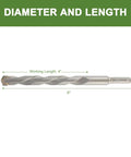 Side view of masonry drill bit, 7/16 in diameter, 6 in overall length, hex shank
