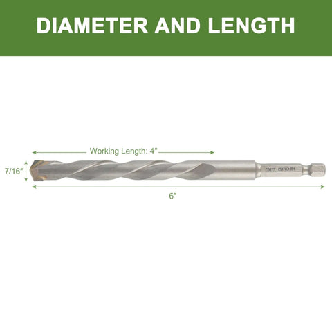 Side view of masonry drill bit, 7/16 in diameter, 6 in overall length, hex shank