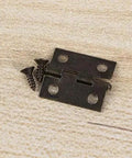 Heavy Duty Self-Closing Spring Hinges Set for Cabinets and Jewelry Boxes, metal hinge and screws on wood surface