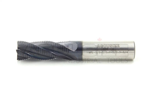 Five Eighths Inch Fine Tooth M42 Eight Percent Cobalt TiAlN Coated Roughing End Mill Four Flute Shank Diameter Five Eighths Inch Flute Length One And Five Eighths Inches Overall Length Three And Three Quarters Inches Center Cutting