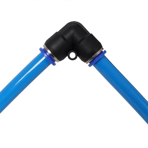 Badass 60 Foot PU Air Hose Line Kit With Push To Connect Fittings Dope Flexibility For Garage Shops And Tight Spaces Killer For Air Tools Pneumatic Nail Guns Real Deal Toughness In Cool Blue Color Gets The Grind Done, blue PU hose elbow fitting