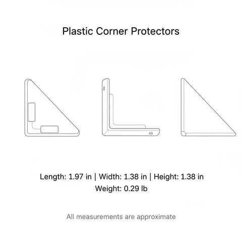 Diagram of Heavy Duty Black PP Corner Protectors For Shipping And Handling with measurements and three angle views.