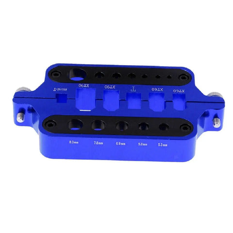 Heavy Duty Aluminum Soldering Jig Block For No Sweat XT60 XT90 T Plug And Bullet Connector Soldering Heat Resistant Multi Size Banana Plug Fixture in blue, showcasing multiple hole sizes.