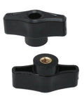 Six Pack 1/4-20 Threaded Thru Nuts For T-Track Clamping Fixtures Heavy Duty aluminum wing bolts showing two black wing nuts.