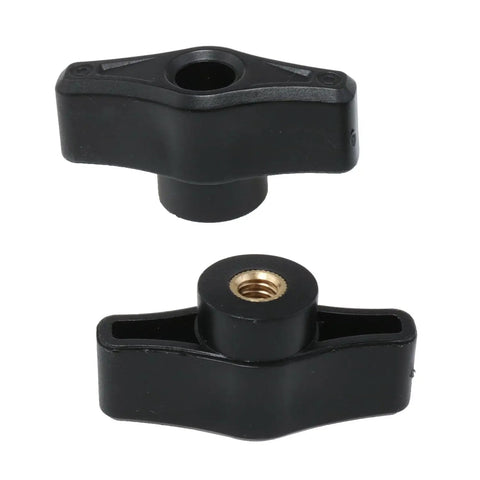 Six Pack 1/4-20 Threaded Thru Nuts For T-Track Clamping Fixtures Heavy Duty aluminum wing bolts showing two black wing nuts.
