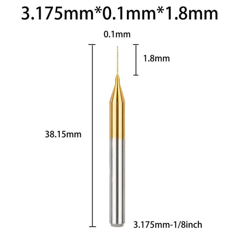 PCB Drill Bits 1/8 Inch Shank Micro 0.1mm Tip Carbide End Mills for Engraving and Milling; dimensions shown in image.