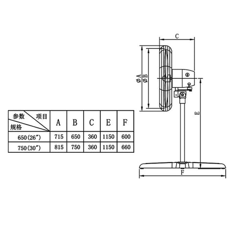 Measurement diagram of Heavy Duty Industrial Floor Fan With Oscillating Head And Three Speed Settings, 650mm blade size.