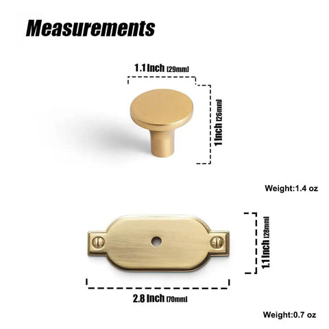 Champagne Bronze Cabinet Knob With Vintage Oval Backplate 1.1 Inch Diameter zinc alloy shown with measurements.