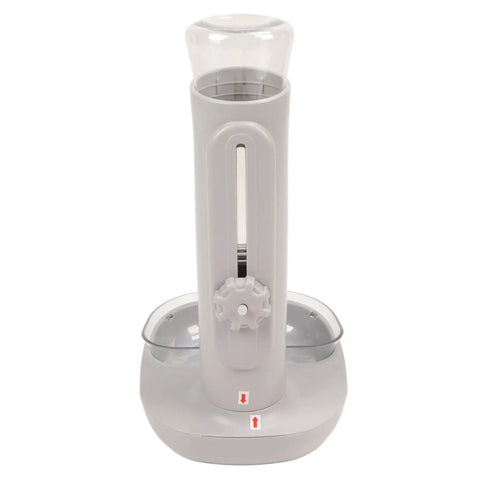 Height Adjustable 680 Ml Pet Water Dispenser And Automatic Food Feeder For Puppies Kittens And Rabbits Featuring Detachable Bowl and adjustable stand.