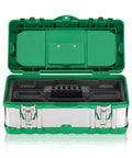 Portable Stainless Steel Toolbox With Double Layer Design, Organizer Tray And Lock, showing open top layer in green color