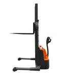Lightweight Full Electric Pallet Stacker Delivering Rock Solid 2640 Lb Lift Capacity Up To 98 Inches With Fully Adjustable Forks side view image.