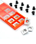 Beefy 15mm Square Straight Carbide Inserts For Planer And Lathe Woodturning Jobs With Four Razor Sharp Edges in orange case with screws.
