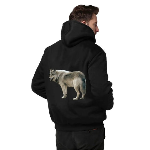 Heavyweight Fleece Hoodie For Men Full Zip Warm Lining Sweatshirt Jacket Thick Winter Hooded with wolf print on back