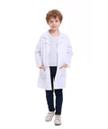 Child wearing a Kids Lab Coat For Role Play Science Dress Up White Unisex Size 10 12 Button Front With Front Pockets Machine Washable.