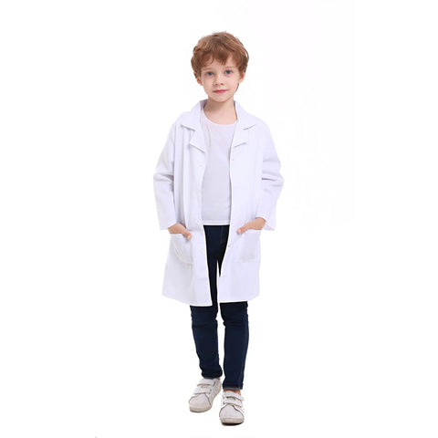 Child wearing a Kids Lab Coat For Role Play Science Dress Up White Unisex Size 10 12 Button Front With Front Pockets Machine Washable.