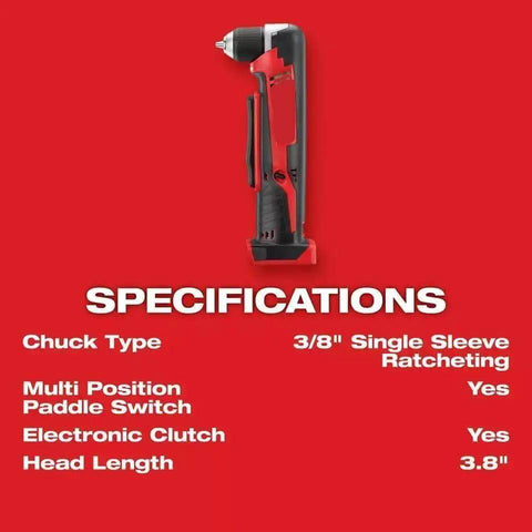 Heavy Duty Cordless Lithium Ion Right Angle Drill Compact High Torque Quick Disconnect Battery Power Tool with 3/8 In chuck specifications.