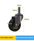 Four Piece Pack Of Heavy Duty Furniture Casters Featuring 1 Inch Silent Rubber Wheels Threaded Mounts Secure Brake with measurements.