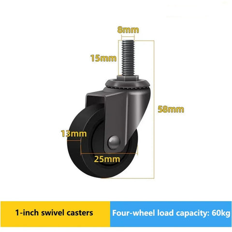 Four Piece Pack Of Heavy Duty Furniture Casters Featuring 1 Inch Silent Rubber Wheels Threaded Mounts Secure Brake with measurements.