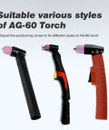 Three different AG-60 plasma torches showing varying designs and colors, compatible with the Slotted Cup Roller Guide Wheel Spacer Stand Off for Plasma Cutters Pro Grade Balance, Stability, And Cut Quality, Compatible With CUT50, CUT50P, CT60, LT, AG60 And SG55 Torches.