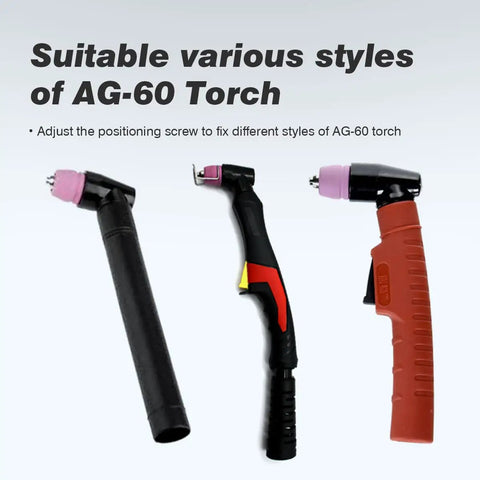 Three different AG-60 plasma torches showing varying designs and colors, compatible with the Slotted Cup Roller Guide Wheel Spacer Stand Off for Plasma Cutters Pro Grade Balance, Stability, And Cut Quality, Compatible With CUT50, CUT50P, CT60, LT, AG60 And SG55 Torches.