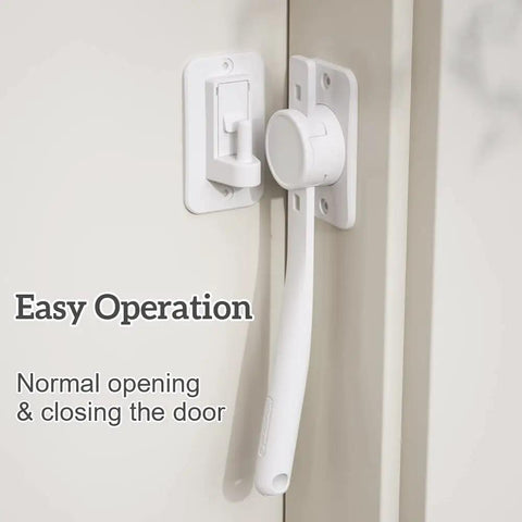 Rock Solid Adjustable Door Finger Pinch Guard, No Sweat Baby Proof Latch, Smooth Pet Safety Stopper installed on door.