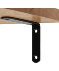 Rugged Stainless Steel L Shaped Shelf Bracket 4.5 x 2.5 Inch Wall Mount in black finish attached to wooden shelf