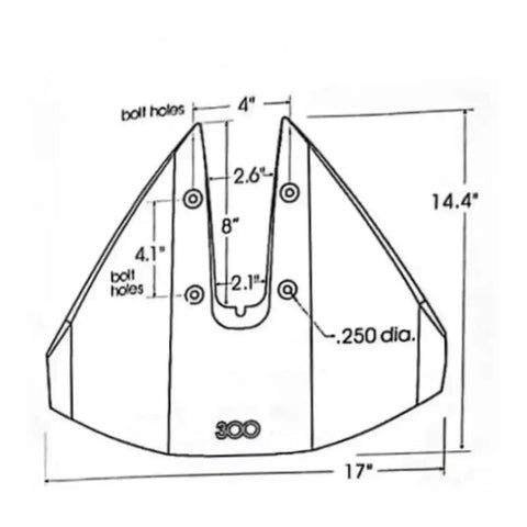 Technical diagram of Hydrofoil Stabilizer for Outboard 40-350 HP Engine with dimensions and bolt hole placements.