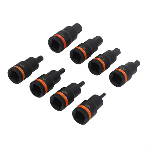 Tough Chrome Vanadium Steel Hex Socket Adapter Kit For Impact Drivers Fits H4 Through H17 Sizes With 8 Pieces Ready To Rock In Any Workshop Job Without Stripping Or Breaking Under Heavy Torque. Eight black impact socket adapters H4-H17